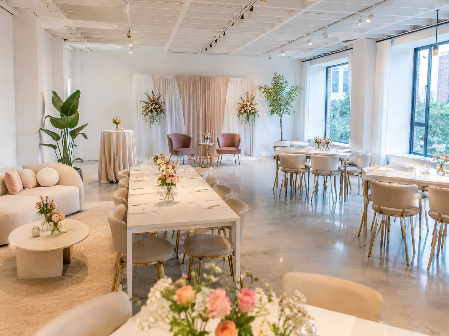 Elegant modern event space with flowers and flexible seating